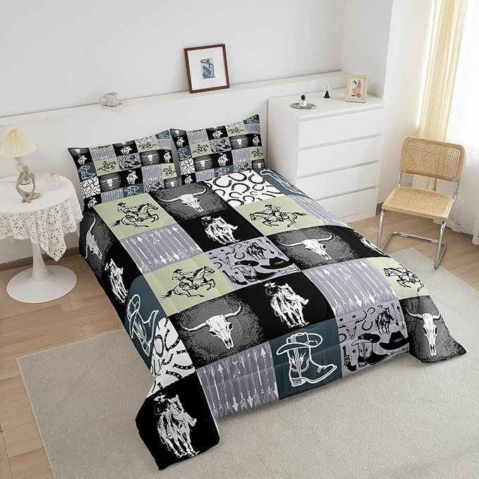 Western Cowboy Comforter Set Kids Teens Vintage Farmhouse Bedding Set Teal Green Western 3D Geometric Quilt Set Bedroom Decoration King Size 1 Comforter Set 2 Pillowcases