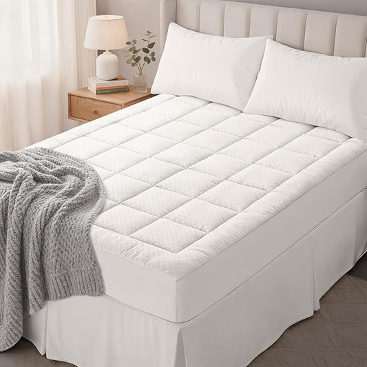 OLANLY Twin XL Quilted Fitted Mattress Pad, Elastic Fitted Mattress Topper, Cooling Soft Mattress Cover Stretches up to 21 Inches Deep, Machine Washable Mattress Protector (39x80 inch, Off White)
