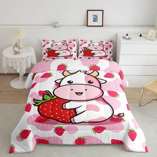 Feelyou Milk Cow Comforter Pink White Cow Strawberry Pattern Comforter Set Bedding Set for Kids Adults Kawaii Girls Milk Cow Duvet Set Ultra Soft Room Decor Full Size Quilt Set