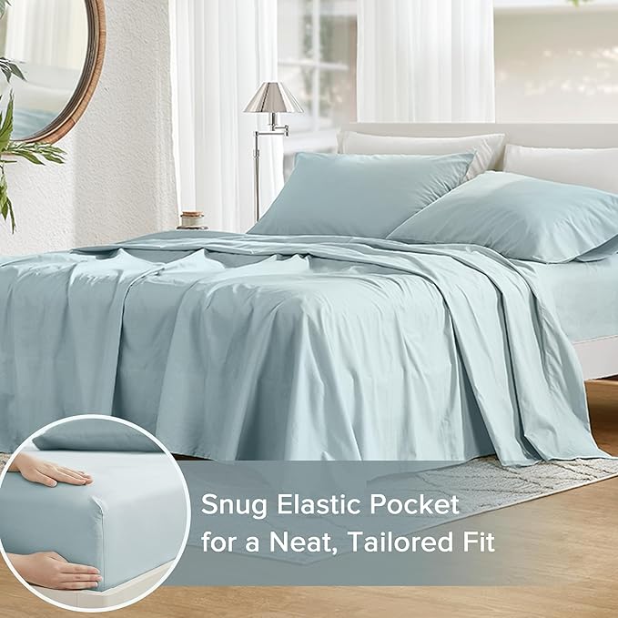 Comfort Spaces 100% Cotton Sheets Twin, Breathable, Soft Cotton Sheets, Naturally Cool Cotton Bed Sheets with 12" Elastic Pocket Fits up to 14" Mattress, All Season Sheet Set, Twin Light Blue 3 Piece