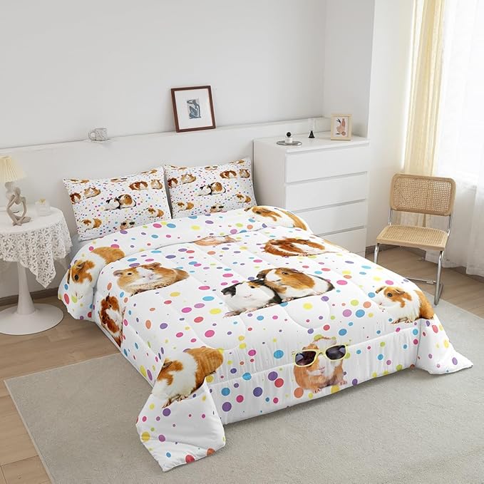 Guinea Pig Bedding Set for Girls Boys Children Cute Cavy Pattern Comforter Decorative Cartoon Lovely Pet Animal Comforter Set Colorful Polka Dots Duvet Set Twin Size 2Pcs Bedspreads Coverlet Sets