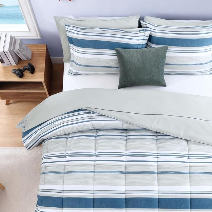 Queen Comforter Set Striped, Royal Blue Bedding Set 7 Pieces for Boys Girls Teen, All Season Bed in a Bag for Dorm with Sheets, Pillowcases & Shams