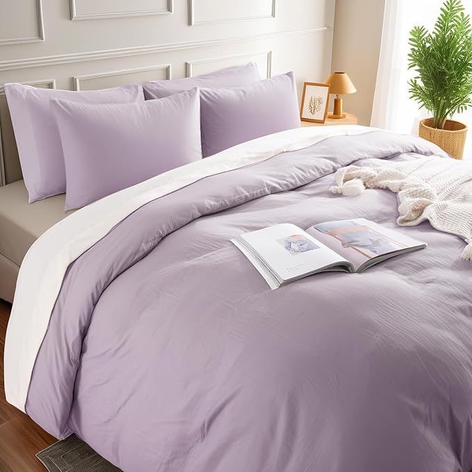 NEXHOME PRO Duvet Cover Set 100% Washed Cotton California Kingn 104"x98", Organic Natural Linen Look Textured 3 Pieces Bedding Set Lavender Lilac with Zipper Closure, Breathable Soft(No Comforter)