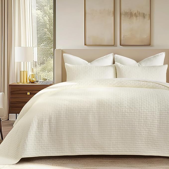 EVERGRACE Cross Stitch Pre-Washed Cotton Quilt Bedding Set Queen Size, Oversized 3 Pieces Lightweight Bedspread Coverlet for All Season, with 2 Matching Shams, Cream, 92"x96"