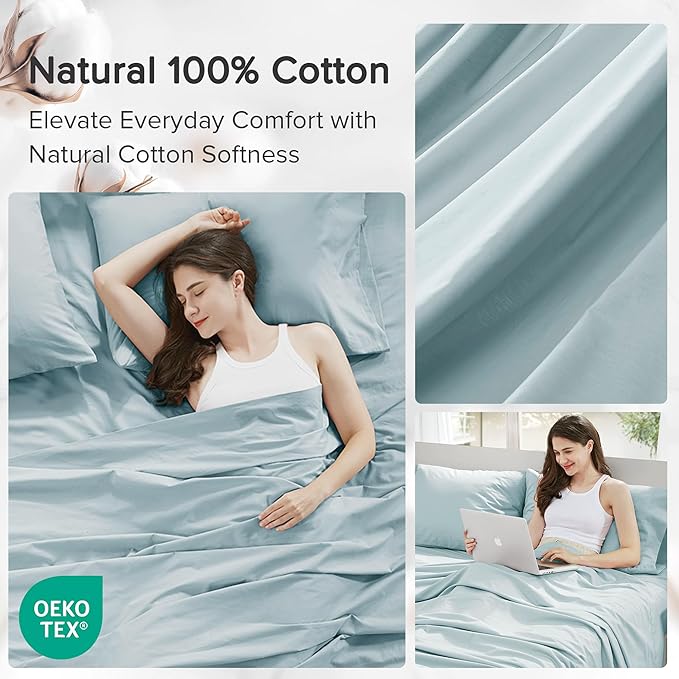 Comfort Spaces 100% Cotton Sheets Twin XL, Breathable, Soft Cotton Sheets, Naturally Cool Cotton Bed Sheets,12" Elastic Pocket Fits up to 14" Mattress, All Season Sheet Set, Twin XL Light Blue 3 Piece