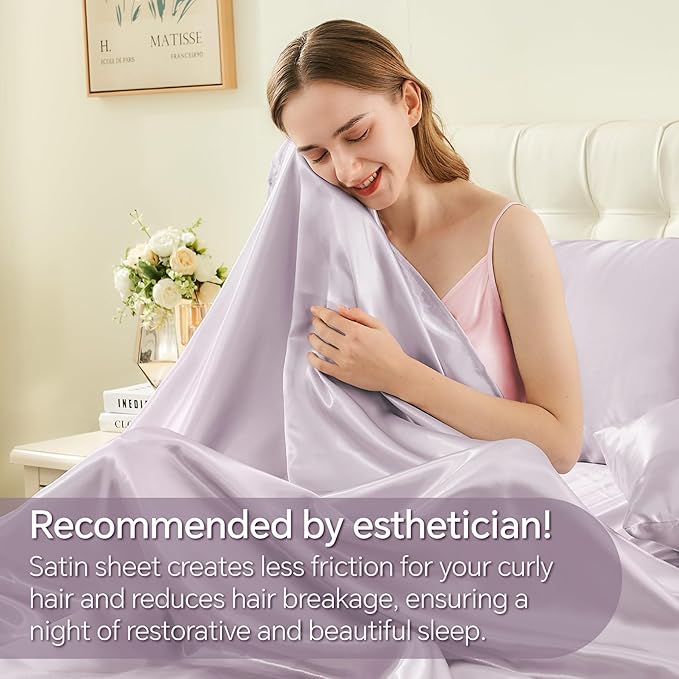 BEDELITE Satin Sheets Queen Size Bed Set, Luxury Soft Lavender Silky Sheets for Hair and Skin, Similar to Silk Bed Sheets Set 4 Pieces with 1 Deep Pocket Fitted Sheet, 1 Flat Sheet, and 2 Pillowcases