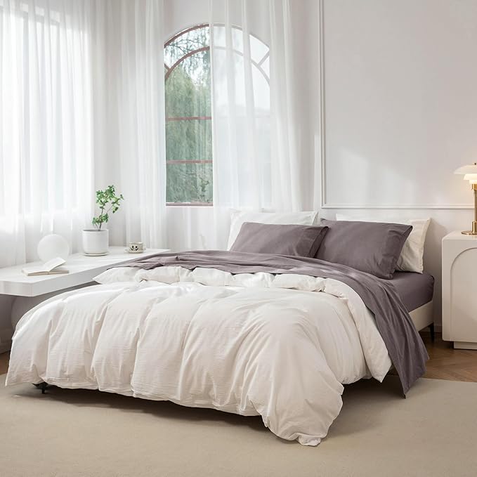 JIYUAN 100% Washed Cotton Sheet Set 4 Pieces Full,1 Fitted Sheet,1 Flat Sheet and 2 Pillowcases,Comfy and Breathable Linen Like Bedding Set,Heathered Mauve Brown