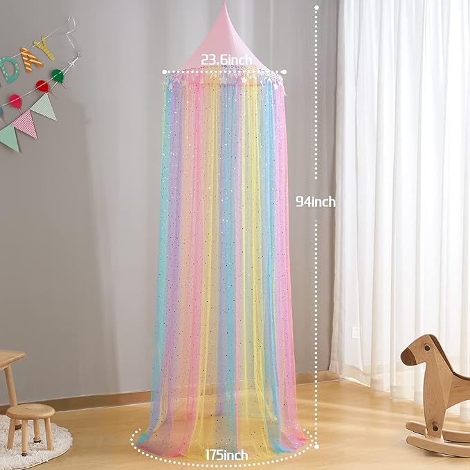 Rainbow Bed Canopy for Girls,Shiny Kids Princess Round Dome Bed Curtain with Star Moon Glitter,Kids Crib Canopy Play Tent Canopy Dreamy Bed Netting