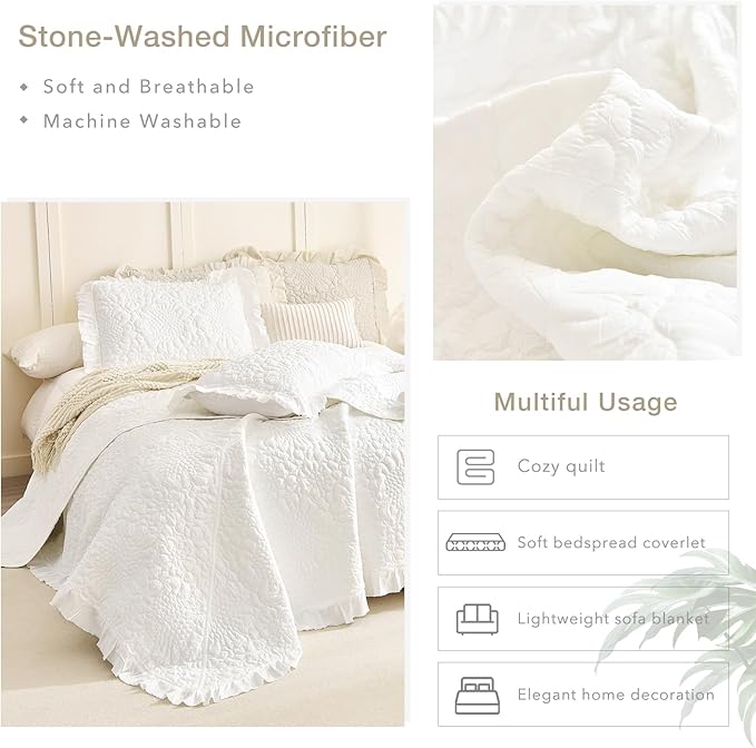 Masaca White Ruffled Oversized King Bedspread 128"x120",Stone-Washed Microfiber Shabby Farmhouse King Quilt Bedding Set Oversized,3Pcs Lightweight Crinkled Extra Large Boho Bedspread & Coverlet Sets