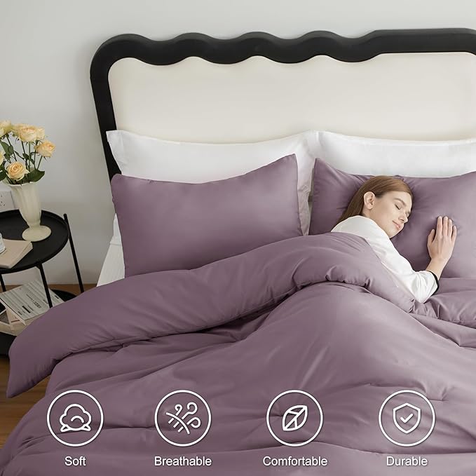 CozyLux Queen Comforter Set Dusty Purple, 3 Pieces Solid Breathable Quilted Style Bedding Sets, Luxury Fluffy Soft Bed Set with Down Alternative Comforter for All Season (1 Comforter & 2 Pillowcases)