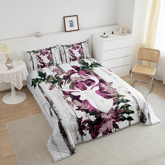 Feelyou Deer Hunting Comforter Size Pink Camo Deer Bedding Set Boys Girls Deer Antlers Army Camouflage Comforter Western Duvet Insert with 1 Pillow Case
