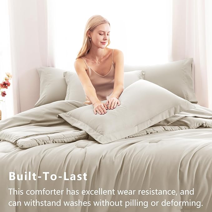 CozyLux King Comforter Set Beige, 7 Pieces Bed in a Bag Soft Bedding Comforter Set with Sheets, All Season Boho 7PC Bed Sets with Comforter, Fitted Sheets, Flat Sheets, Pillow Shams and Pillowcases