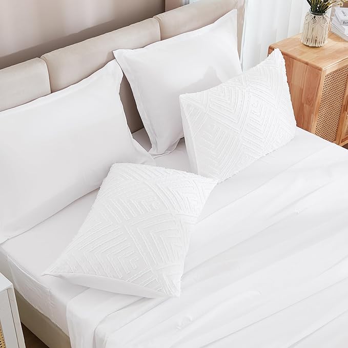Andency White Comforter Queen Size Set with Sheets - 7 Pieces Boho Bed in a Bag Tufted Bedding Sets Lightweight All Season Bed Set with Comforter, Sheets, Pillowcases & Shams