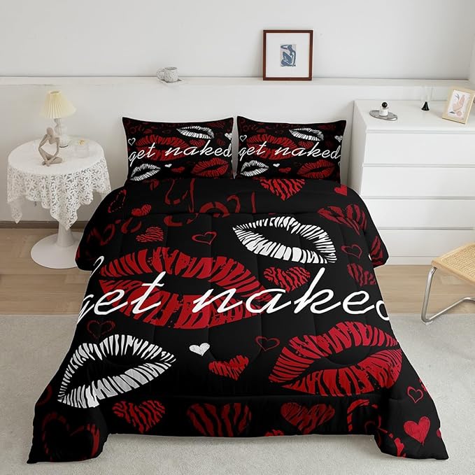 Feelyou Sexy Lips Comforter Funny Get Naked Comforter Set for Couple Lover Kiss Bedding Set White Red Woman Mouth Pattern Decor Duvet Set Room Decor Queen Size Quilt Set 3Pcs