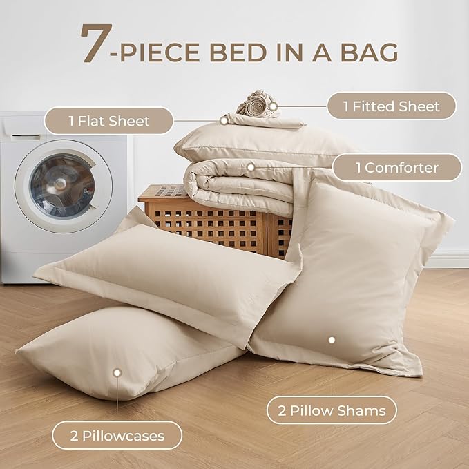 Sasttie California King Comforter Set, 7 Pieces Cal King Bed in a Bag, Complete Bedding Set Includes Comforter, Flat Sheet, Fitted Sheet, Pillowcases and Pillow Shams, Beige