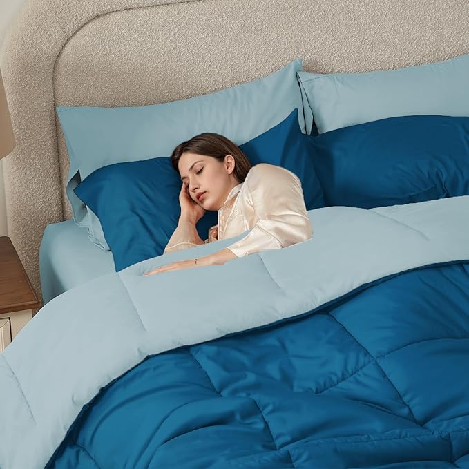 Anluoer King Comforter Set,Teal&Light Blue Bed in a Bag 7 Piece,Lightweight Bedding Set with Soft Down Alternative Fill,Bed Set Includes Comforter, Fitted Sheet, Flat Sheet,Pillowcases and Shams