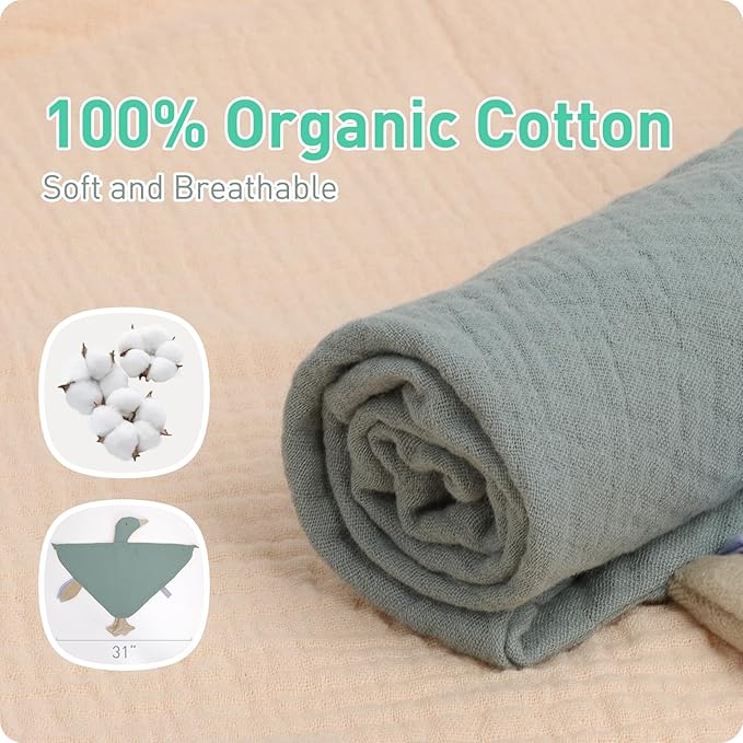 Organic Muslin Cotton Goose Loveys Soft Breathable Newborn Security Blanket with Tags, Soft for Baby Boy Girl, Neutral Muslin Fabric for Comfortable Sleep & Play, Ideal for Newborns, Toddlers