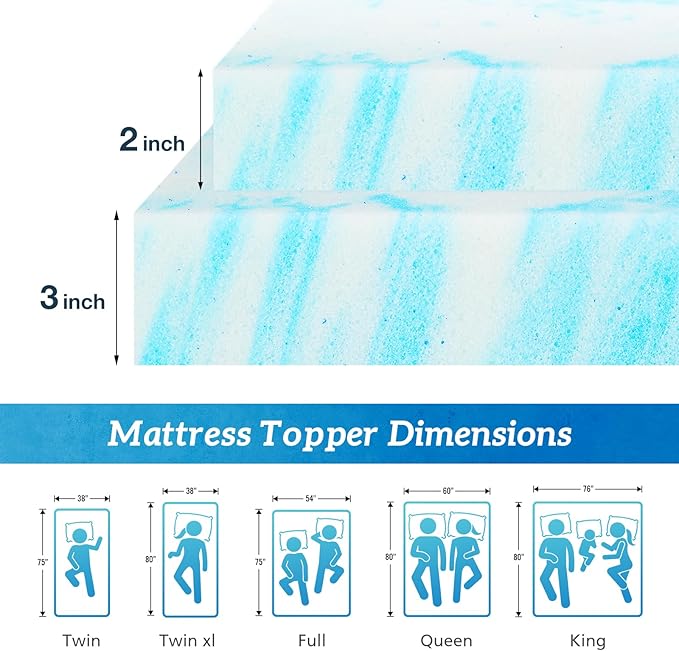 Mattress Topper Twin XL, 3 Inch Thick Memory Foam Gel Infused Cooling Toppers Pad for Twin XL Size Bed, Sleeper Sofa, RV, Camper, CertiPUR US Certified, Ventilated and Breathable