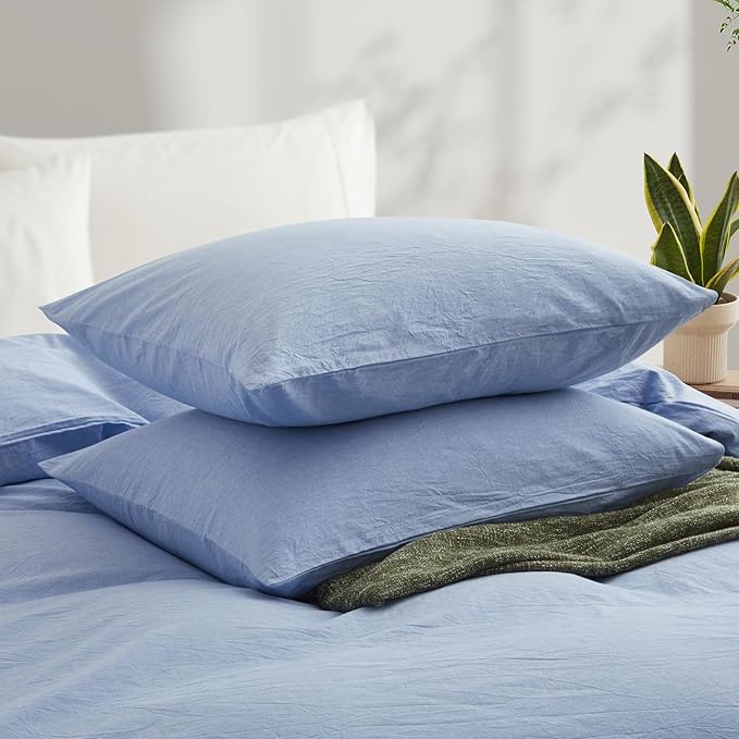 LOVQUE Light Blue Cotton Duvet Cover King Size, Linen Like Natural Bedding Set with Zipper Closure (No Comforter), 104x90 Inches