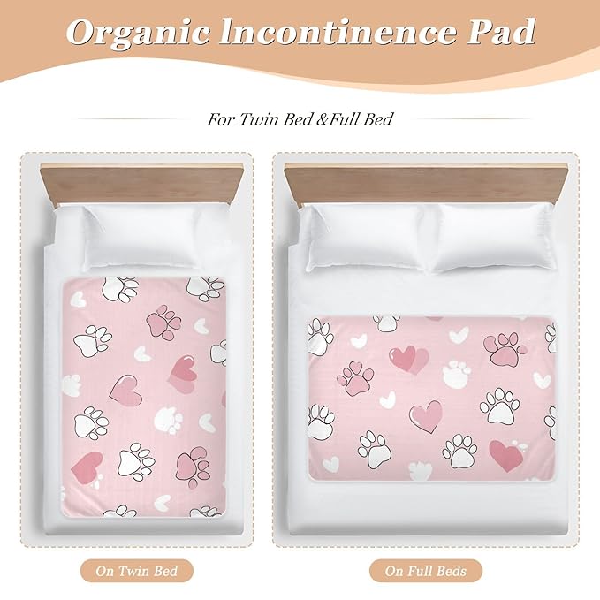 Waterproof Bed Pad Reusable Changing Pad Toddler Mattress Protector Large Pee Pad Baby Diaper Pad Soft Washable Liner Pink Cat Paw Print and Heart