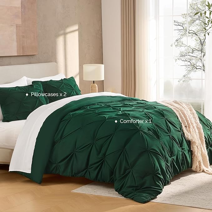 Andency Dark Green Oversized King Comforter Set (120x98Inch), 3 Pieces Lightweight Pinch Pleat Cal King Bedding Comforters & Sets, Oversized Pintuck Soft Fluffy Alternative Bed Set for All Season