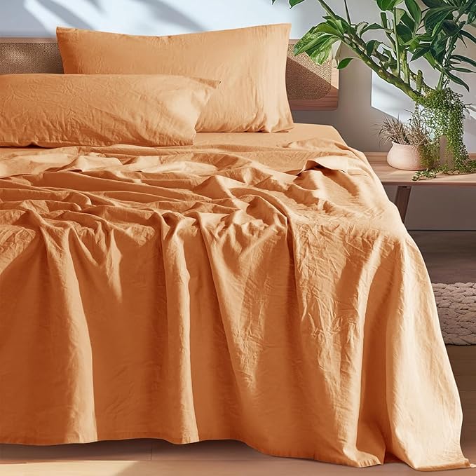 SONORO KATE 100% French Pure Linen Sheets, Breathable and Durable Linen Queen Size Sheets, Anti-Tear Linen Bed Sheets, Machine Washable, 16 Inch Deep Pocket - 4 Piece (Orange, Queen)