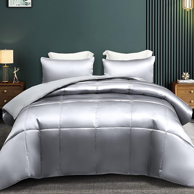 Whale Flotilla 2-Piece Reversible Silky Soft Twin Size Comforter Bedding Set, Luxurious Satin Comforters with Satin Pillowcase, Lightweight Duvet for All Seasons, Grey