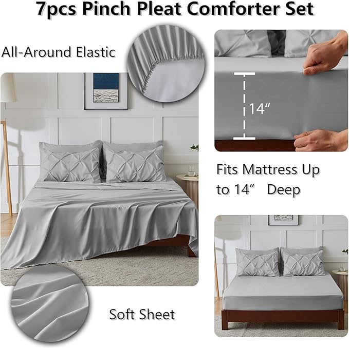 CozyLux King Size Comforter Set Light Grey, 7 Pieces Pintuck Bed in A Bag Gray Comforter King Size, Pinch Pleat Bedding Set with All Season Comforter, Sheets, Pillowcases & Shams