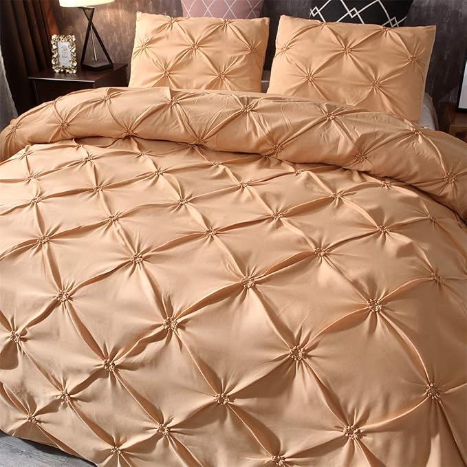 Feelyou Pinch Pleated Bedding Set Pintuck Comforter Cover Twin Size with Zipper Closure Luxurious Pintuck Tufted Duvet Cover Solid Champagne Microfiber Bedspread Cover with 1 Pillow Shams Soft