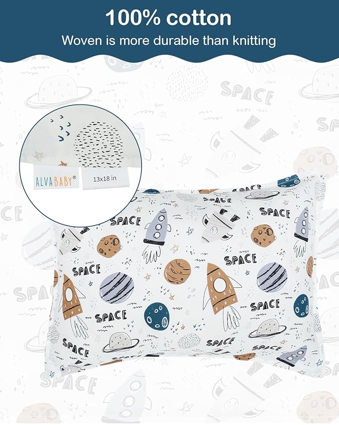 ALVABABY Toddler Pillowcases 2 Pack Organic Cotton Kids Pillow Cover Fit 13"x 18" or 12"x28" Envelope for Girl Boy Sleepy Travel 2TPW31A