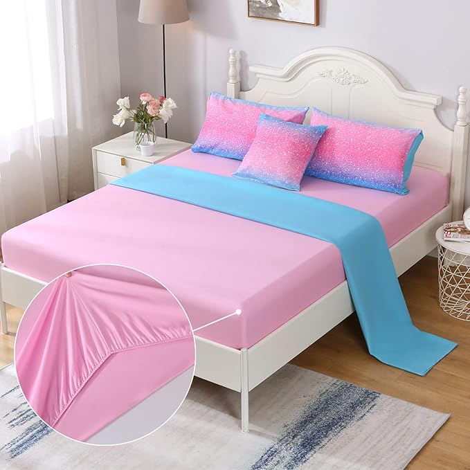 JQinHome Glitter Comforter Set Twin Size,6 Piece Bed in A Bag 3D Colorful Duvet Pink Blue Bedding Sets for Girls Kids - (1 Comforter,2 Pillowcases, 1 Flat Sheet, 1 Fitted Sheet, 1 Cushion Cover)