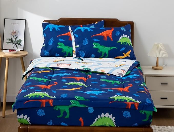 Meeting Story 3pcs Kids Comforter Sets Zipper Bedding Set for Boys,Full Kid Bedding Set Dinosaurs Comforter Leaves Bedding for Kid,All in one Zipper Bedding（Dark Blue,Full）
