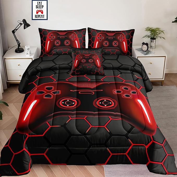 6 Pieces Bed in a Bag for Boys Bedding Sets Full Size,Gamer Comforter Sets for Boys Kids, Gaming Comforter Set for Teens Room Decor with Flat Sheet,Fitted Sheet,Pillowcase,Cushion Cover