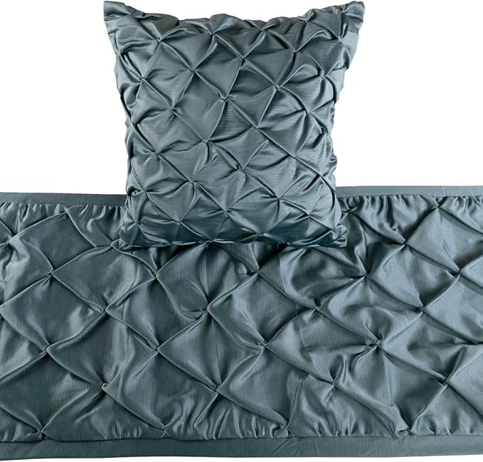 The HomeCentric Handmade Blue CA King 86 x 18 inch Bed Runner with 2 Matching Pillow Cover, Satin Pintucks Bed Scarf, Solid Color Modern - Satin Nights