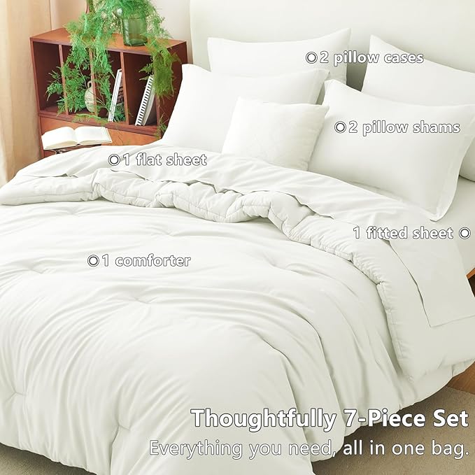 CozyLux Queen Comforter Set Ivory, 7 Pieces Bed in a Bag Queen Size Comforter Set with Sheets, Bedding Sets with Down Alternative Comforter, Fitted Sheets, Flat Sheets, Pillow Shams and Pillowcases