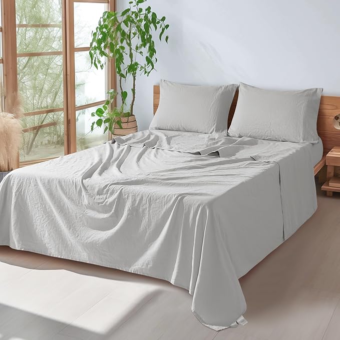 SONORO KATE 100% French Pure Linen Sheets, Breathable and Durable Linen Queen Size Sheets, Anti-Tear Linen Bed Sheets, Machine Washable, 16 Inch Deep Pocket - 4 Piece (Grey, Queen)