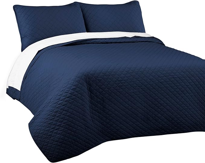Lush Decor Ava Quilt Diamond Pattern Solid 3 Piece Oversized Bedding Blanket Bedspread Set - Full/Queen - Navy
