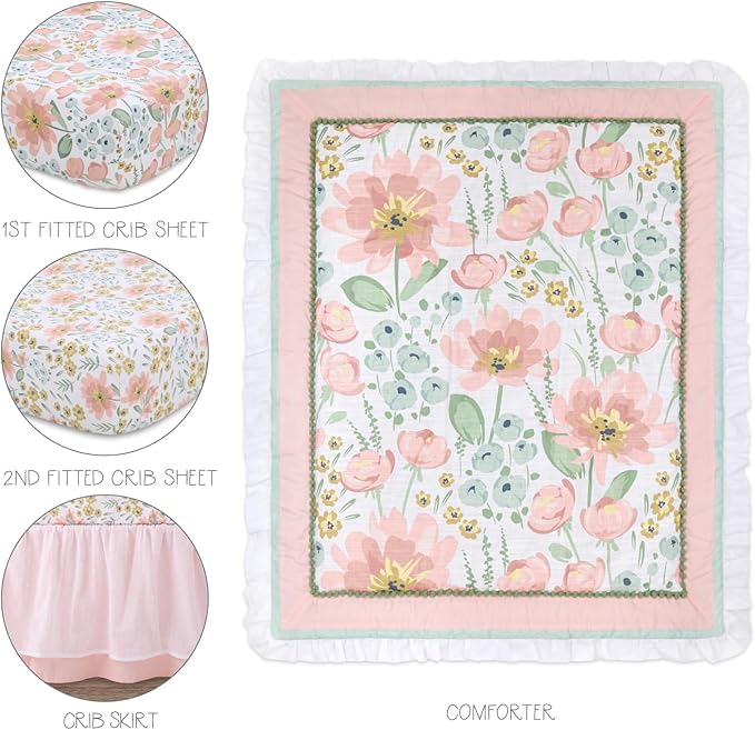 The Peanutshell 4 Piece Organic Cotton Baby Crib Bedding Set for Girls - Newborn, Infant & Toddler Nursery Bed Set Decor with Two Crib Sheets, Dust Ruffle Comforter - Wildflower