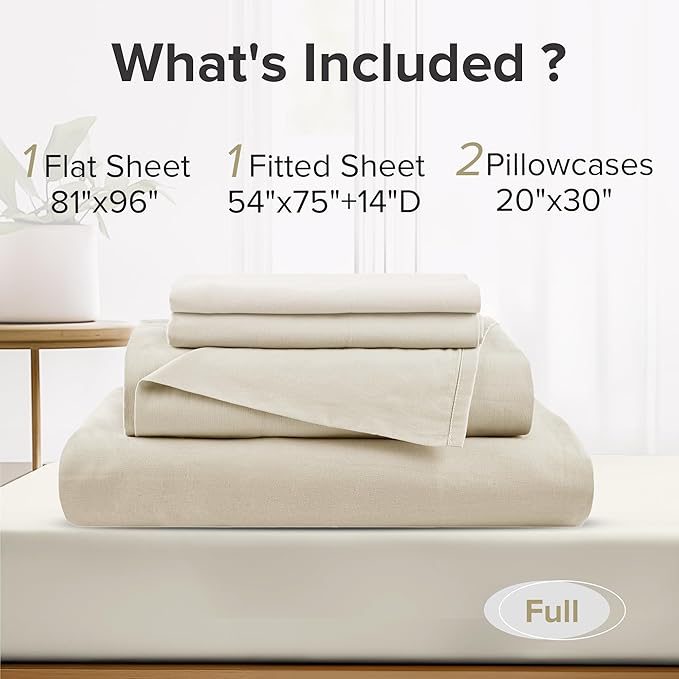 Comfort Spaces 100% Cotton Sheets Full, Breathable & Ultra Soft Cotton Sheets, Naturally Cool Cotton Bed Sheets with 14" Elastic Pocket Fits up to 16" Mattress, All Seasons Sheet Set, Cream 4 Piece