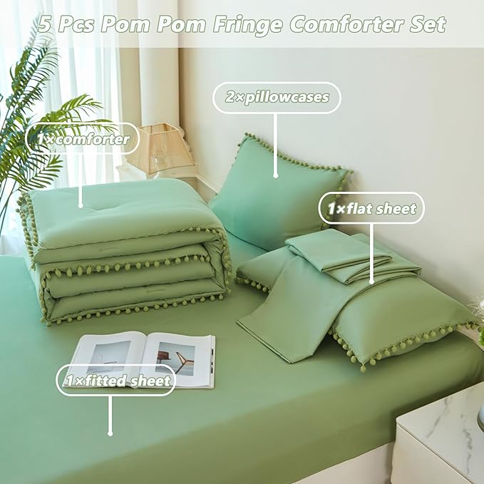 PERFEMET Green Bedding Set Full Size 5 Pieces Boho Pom Pom Fringe Bed in A Bag for Girls Kids Soft Lightweight All Season Solid Comforter Set for Bedroom(Green, Full)