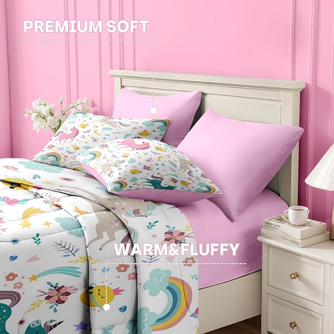 Nesker 7 Pcs Comforter Set Full Size, Cute Colorful Unicorns Bedding Set for Kids Teen, Cloud Rainbow with Fitted Sheet 2 Pillowcases & 2 Shams for Bedroom Bed Decor