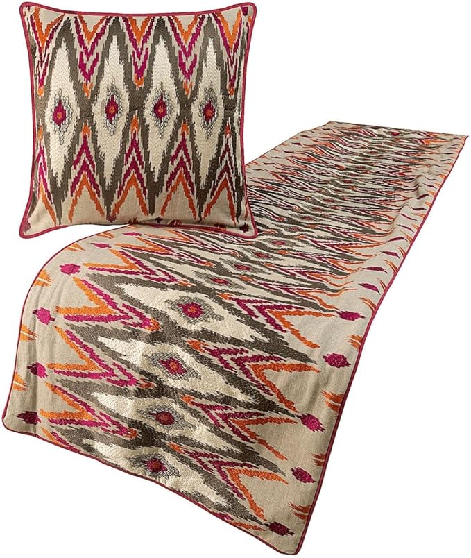 The HomeCentric King Queen Twin Multi Color & Pink Decorative Full 68"x18" Bed Runner with 2 Pillow Cover, Embroidered & Beaded Bed Scarf on Cotton Linen Fabric - My Ikat Love