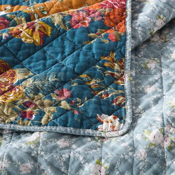 Autumn Dream Cotton Bedspread Quilt Sets Reversible Bedding Coverlet Sets Comforter, Paisley Floral Patchwork Yellow Grey Bedspread, Queen Size