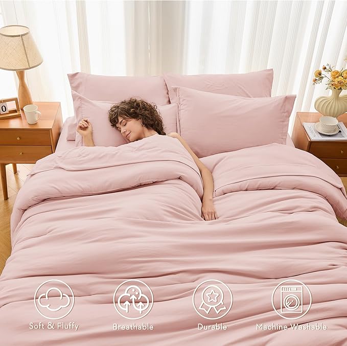 MUXHOMO 7 Pieces King Comforter Set, Soft Bed in a Bag King Size, All Season Bedding Set with Comforter, Flat Sheet, Fitted Sheet, Pillowcases & Shams, Pink