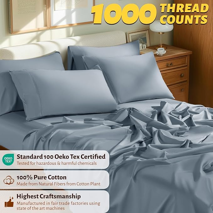 Shilucheng 100% Egyptian Cotton King Size Sheets Set - 1000 Thread Count，Luxury Cotton Bed Sheets，Breathable & Cooling Bedding and Pillow Cases, 16 Inch Deep Pocket - 6 Piece (French Blue, King)