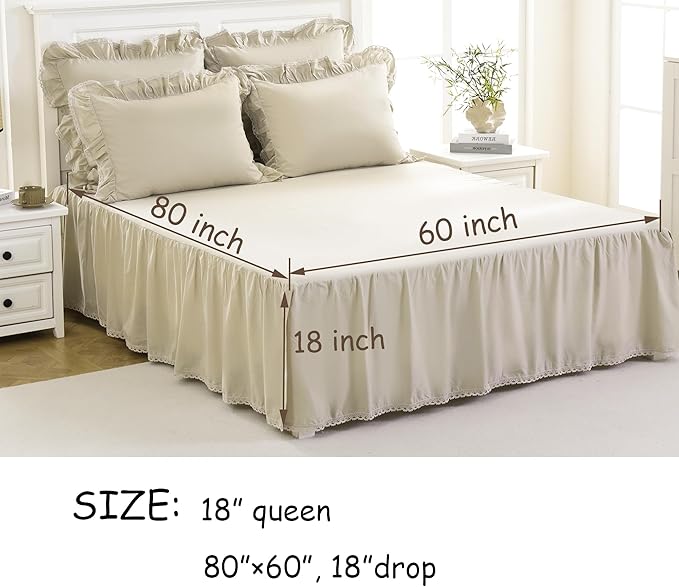 Queen Size 18 inch Drop Ivory Dust Ruffle, Crochet Edge Lace, Lightweight 100% Cotton, French Coutry Style Ruffled Bed Skirt with Split Corners