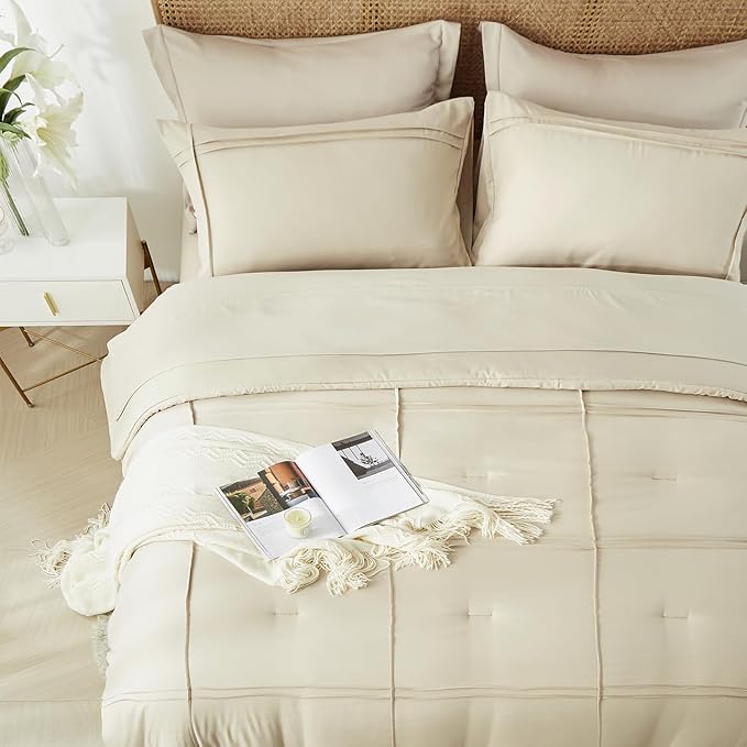 Yogeneg Full Size Comforter Set 7 Piece Bed in a Bag,Grid Pinch Pleat Beige Bedding Set,Striped Textured Soft Microfiber Comforter with Sheet Set,All Season Complete Bed Set(Beige,Full)