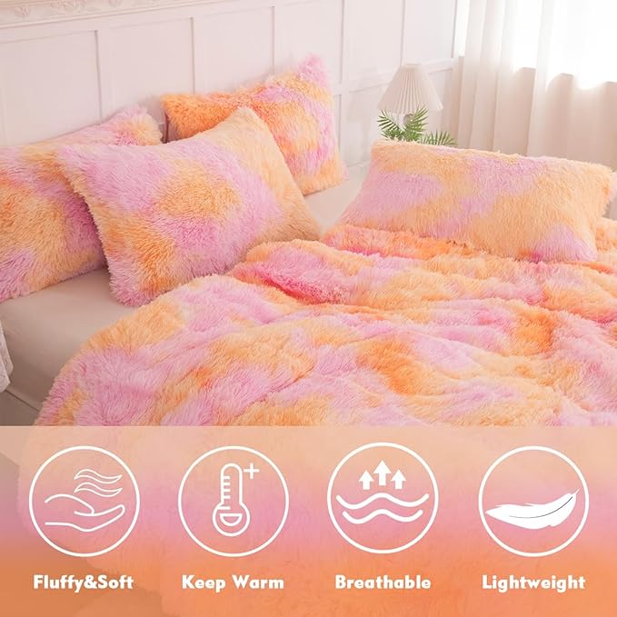PERFEMET Orange Fluffy Comforter Queen Size 3 Pieces Colorful Faux Fur Shaggy Bedding Set Girls Teen Tie Dye Furry Bedding Ultra Soft Comfy Velvet Plush Bed Set(Orange Pink, Queen)