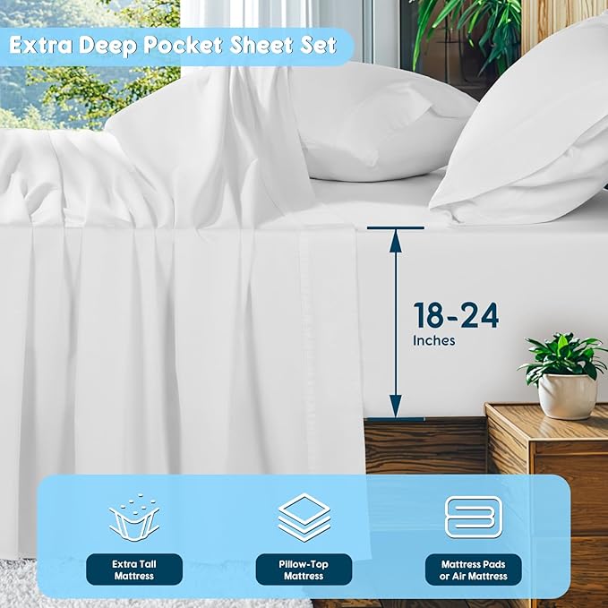 SONORO KATE 100% Egyptian Cotton Sheets Set, Extra Deep Pocket up to 18"-24",1000 High Thread Count, Soft & Breathable 5-Star Hotel Sateen Bed Sheets - 4 PC (White,Queen)