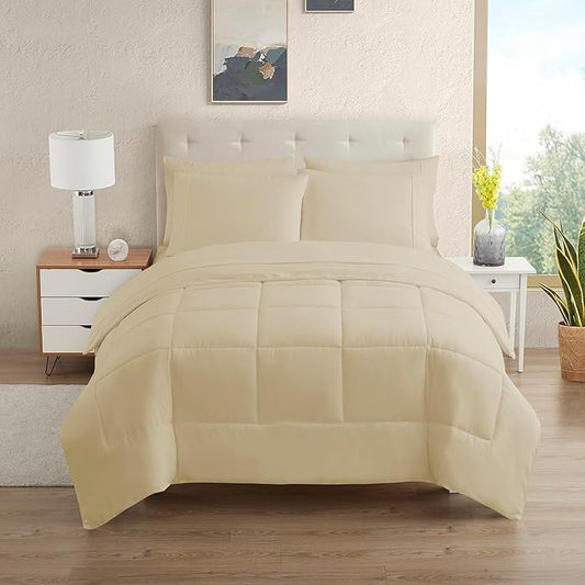 Sweet Home Collection 7 Piece Comforter Set Bag Solid Color All Season Soft Down Alternative Blanket & Luxurious Microfiber Bed Sheets, Beige, Full
